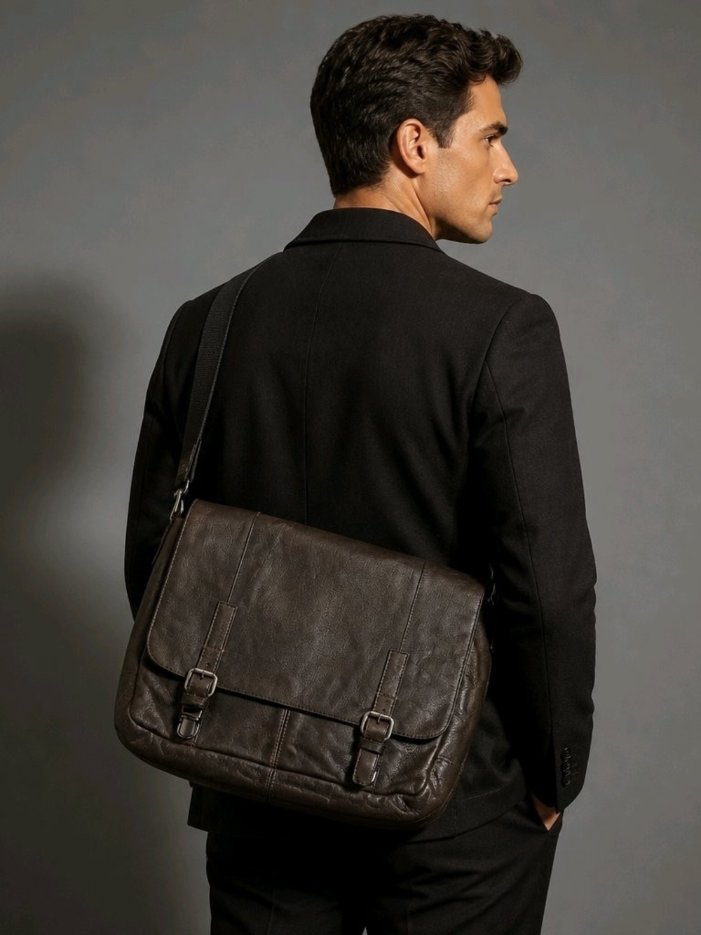 Fossil Dark Brown Leather Messenger Bag with Buckle Straps